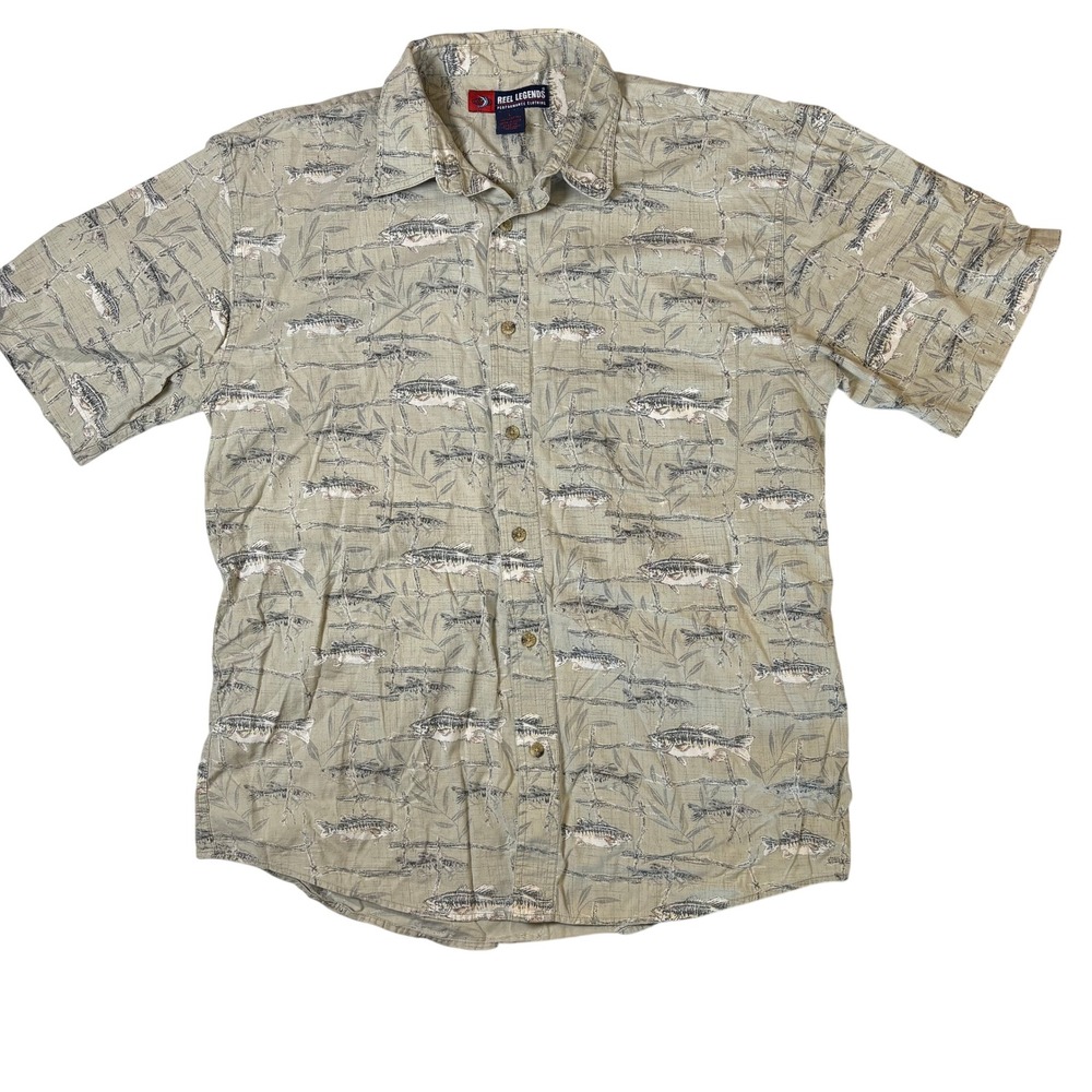 Reel Legends Mens Large Bass Fish Print Button Down Shirt‎ Sage Green Cotton L